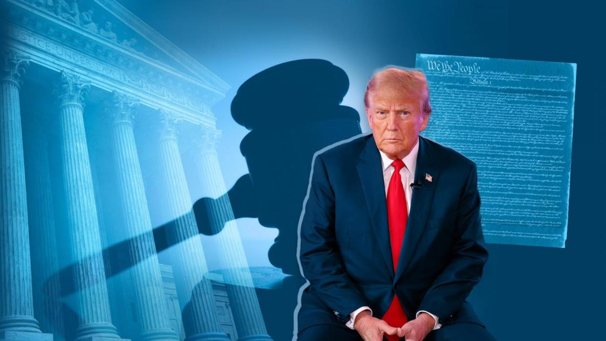 Former President Donald Trump is arguing before the U.S. Supreme Court against being disqualified for office under the 14th Amendment.  (ABC News Photo Illustration, Getty Images - Chip Somodevilla / Staff, DNY59)