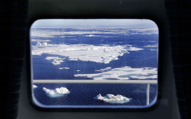 The Finnish icebreaker MSV Nordica sails past ice floating on the Chukchi Sea off the coast of Alaska while traversing the Arctic's Northwest Passage, July 2017