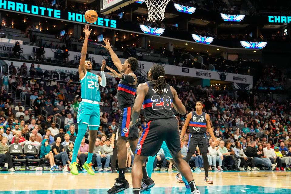 Charlotte Hornets forward Brandon Miller (24) shoots over Detroit Pistons center Isaiah Stewart (28) during the second quarter at the Spectrum Center in Charlotte, North Carolina, on Friday, Oct. 27, 2023.