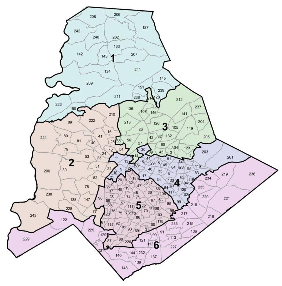 This map shows the boundaries of Mecklenburg County Board of Commissioners districts. The smaller numbers contained within each district represent voting precincts. You can find your voting precinct by checking your registration at vt.ncsbe.gov/RegLkup/ and looking under the “Your Jurisdictions” section.