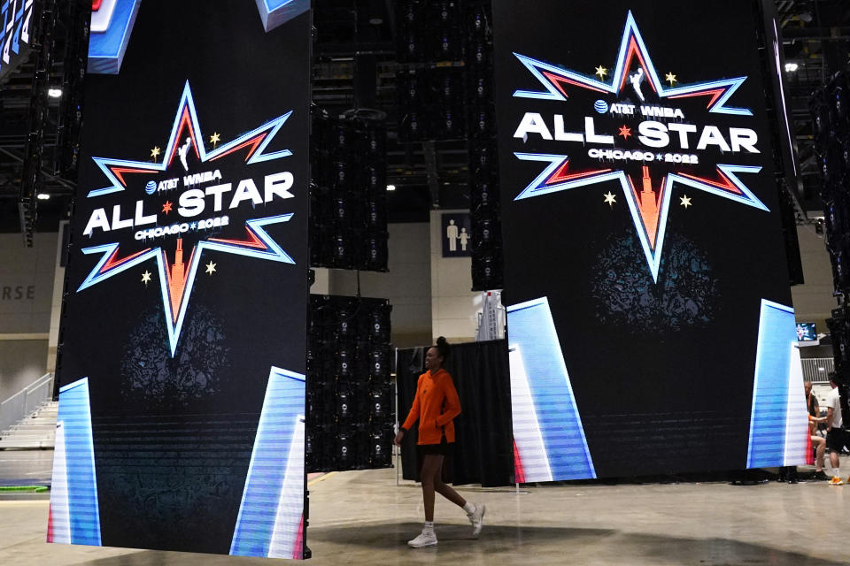 Signs are displayed during a practice for the WNBA All-Star basketball game in Chicago, Saturday, July 9, 2022. (AP Photo/Nam Y. Huh)