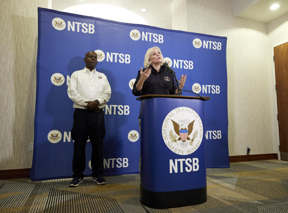 National Transportation Safety Board Chair Jennifer Homendy, right, and Investigative Inspector in Charge John Lovell speak to the media about the investigation on Alaska Airlines flight 1282 in Portland, Ore., Saturday, Jan. 6, 2024. Federal officials on Saturday ordered the immediate grounding of some Boeing 737 Max 9 jetliners until they are inspected after the Alaska Airlines plane suffered a blowout that left a gaping hole in the side of the fuselage. (AP Photo/Craig Mitchelldyer)