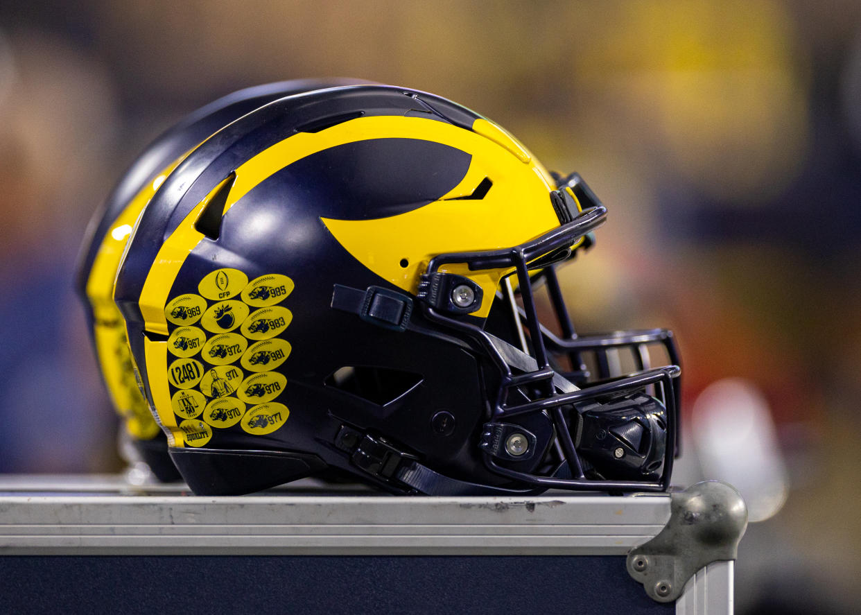 GLENDALE, AZ - DECEMBER 31: A Michigan helmet sits on the sideline during the Vrbo Fiesta Bowl between the Michigan Wolverines and the TCU Horned Frogs on Saturday, December 31st, 2022 at State Farm Stadium in Glendale, AZ (Photo by Adam Bow/Icon Sportswire via Getty Images)