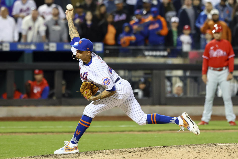 New York Mets relief pitcher Yoan Lopez delivers against the Philadelphia Phillies during the ninth inning of a baseball game, Sunday, May 1, 2022, in New York. (AP Photo/Jessie Alcheh)