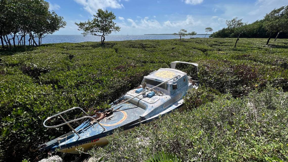 A sailboat remains wedged in mangroves in Key Largo five years after Hurricane Irma displaced the vessel in September 2017.