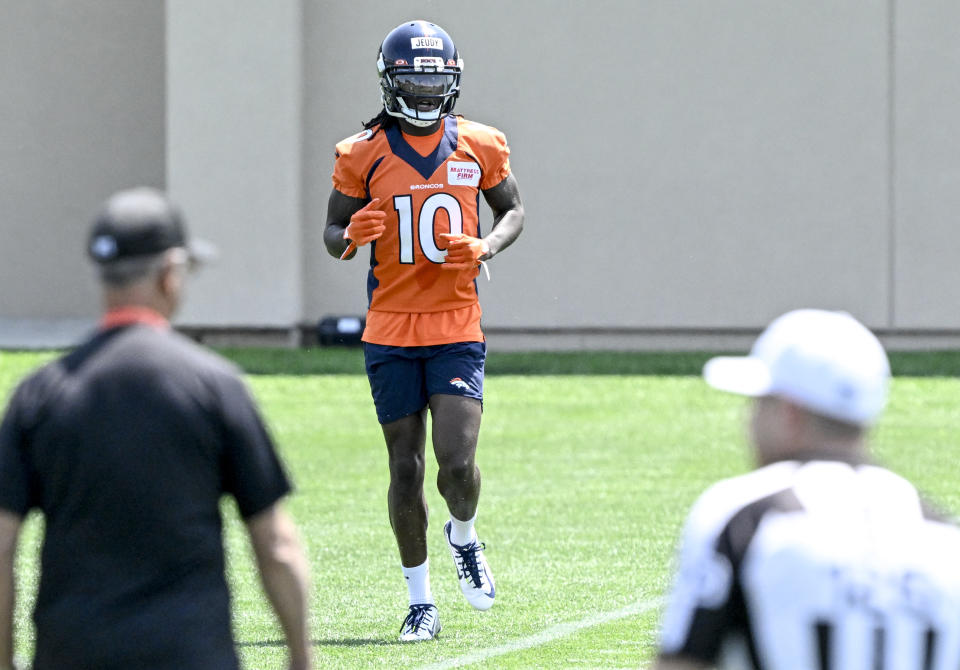 Jerry Jeudy was carted off the field at practice Thursday. (Photo by AAron Ontiveroz/The Denver Post)