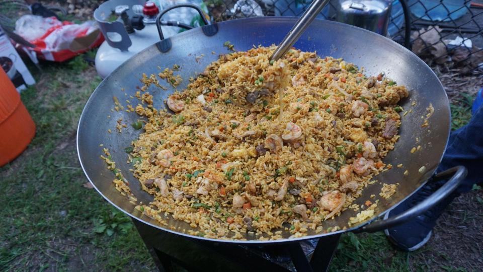 A pan of shrimp fried rice.