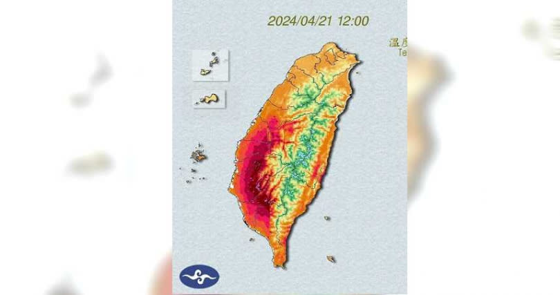 氣象專家鄭明典驚呼，台中以南看見夏季的溫度色階。（圖／氣象署提供）