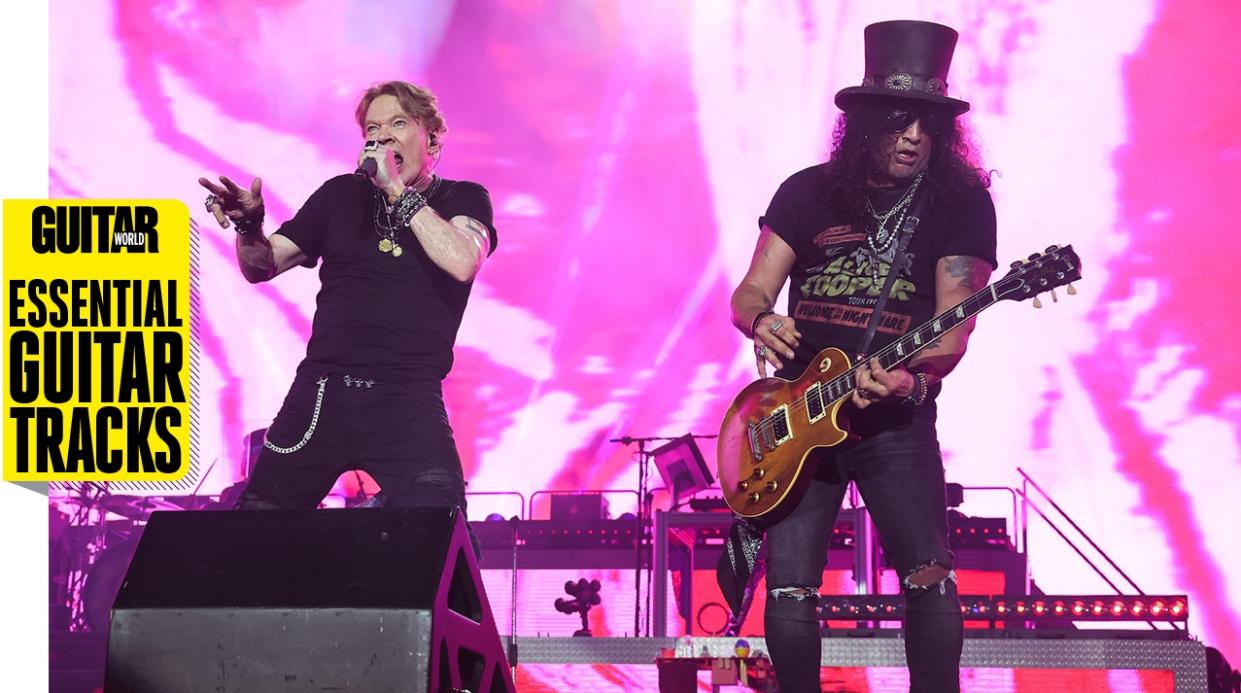  Axl Rose (left) and Slash perform onstage with Guns N' Roses. 