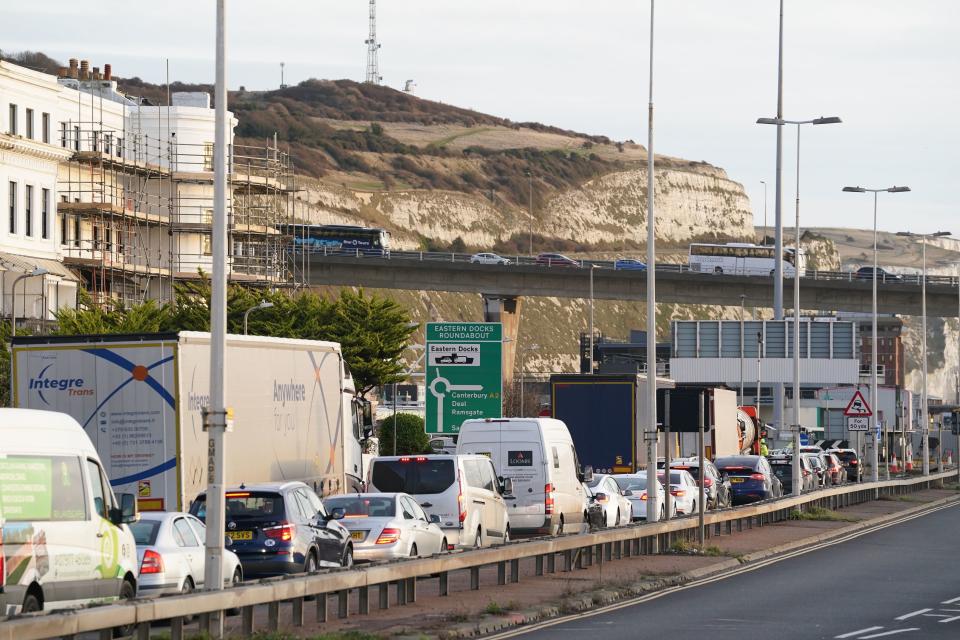 Traffic queues for ferries at the Port of Dover in Kent  as people travel to their destinations for the Christmas holidays (PA)