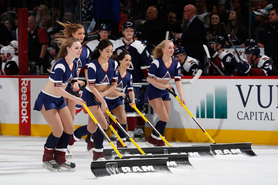 <p>The Colorado Avalanche ice girls clean the ice during a break in the action Arizona Coyotes at Pepsi Center on March 7, 2016 in Denver, Colorado. The Avalanche defeated the Coyotes 3-1. (Photo by Doug Pensinger/Getty Images) </p>