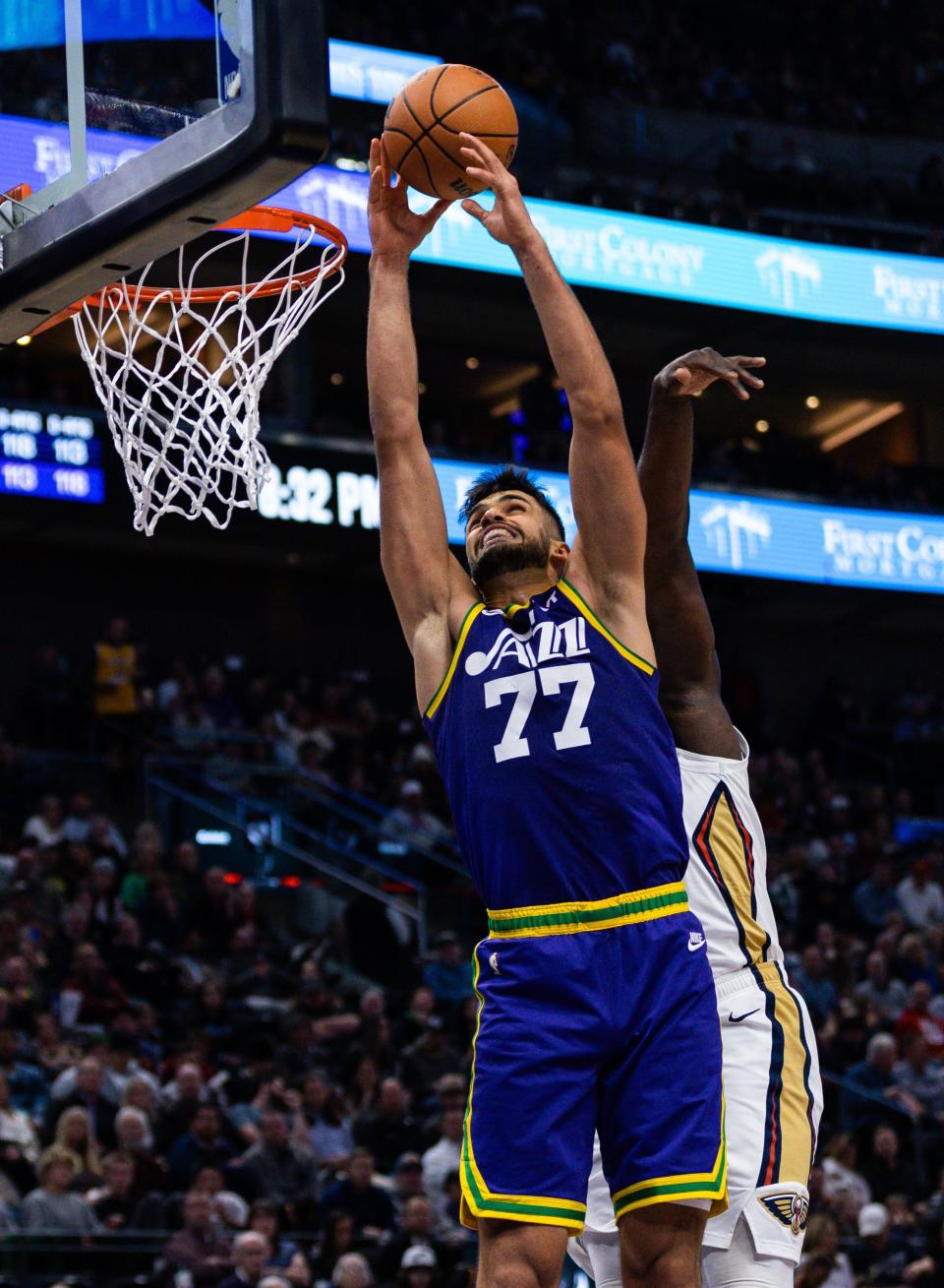 Utah Jazz center Omer Yurtseven (77) shoots the ball during an NBA basketball game between the Utah Jazz and the New Orleans Pelicans at the Delta Center in Salt Lake City on Monday, Nov. 27, 2023. | Megan Nielsen, Deseret News