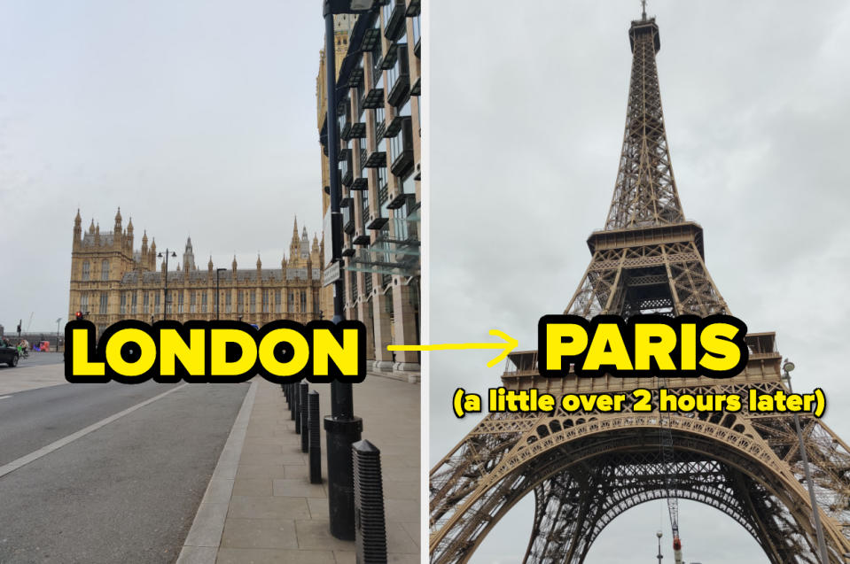Split image showing London's Westminster area and the Eiffel Tower in Paris, highlighting travel time between cities