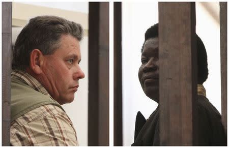 A combination photo shows Zimbabwean safari operator Honest Ndlovu (R) and fellow countryman and hunter Theo Bronkhorst waiting to appear in Hwange magistrates court, July 29, 2015. REUTERS/Philimon Bulawayo