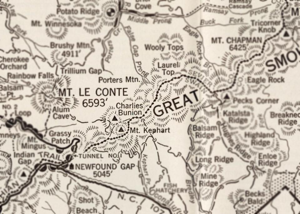 Detail from a 1941 map of Great Smoky Mountains National Park. Charlies Bunion juts out from the high peaks that form the border between North Carolina and Tennessee.