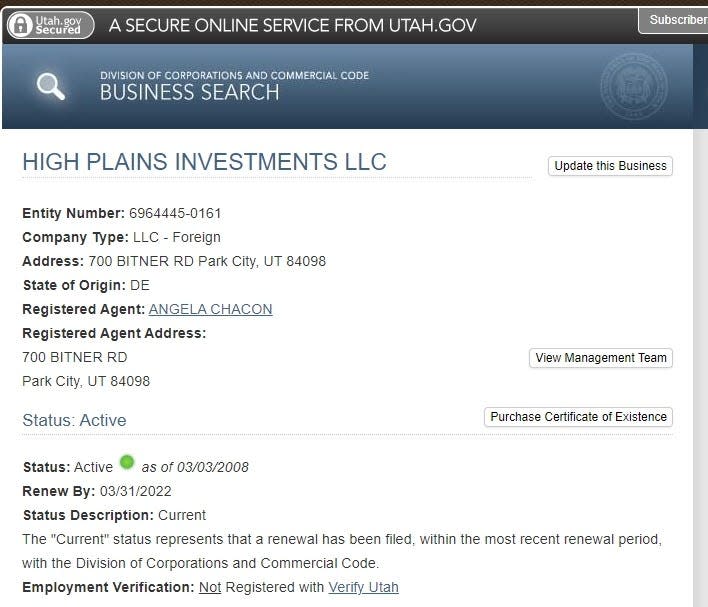 Details on High Plains Investments LLC in Park City, Utah, from the website of the Utah Division of Corporations and Commercial Code.