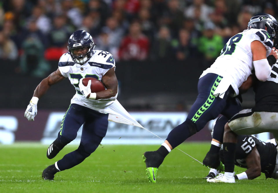 When healthy, Chris Carson powerfully leads the Seattle rushing attack. (Photo by Warren Little/Getty Images)