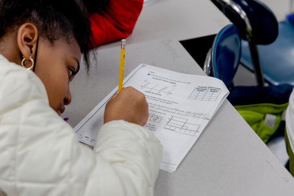 Kids at an after school tutoring program at Ecorse Ralph J. Bunche Elementary School on April 7, 2022. in Ecorse, Michigan. Only a small portion of federal COVID relief money in Michigan is going to tutoring programs.