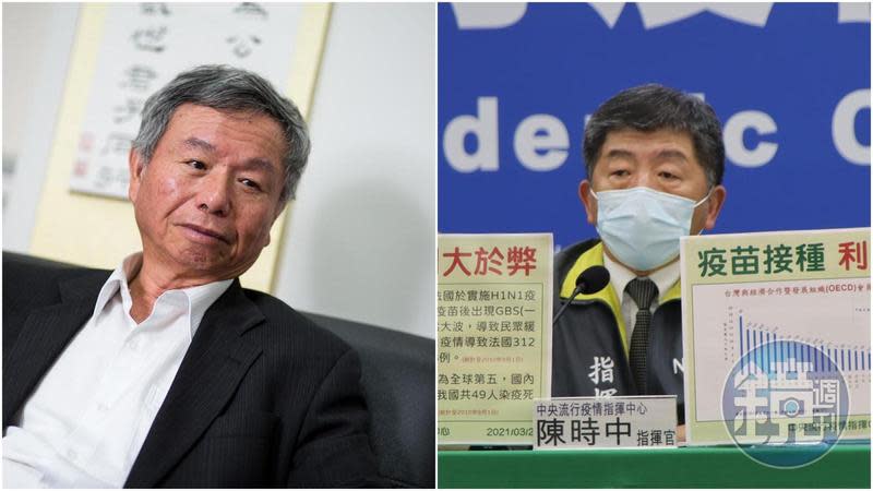 楊志良（左）痛批國產疫苗未走完三期試驗，陳時中（右）回應「H1N1也沒有做大規模人體試驗」。（本刊資料照、指揮中心提供）