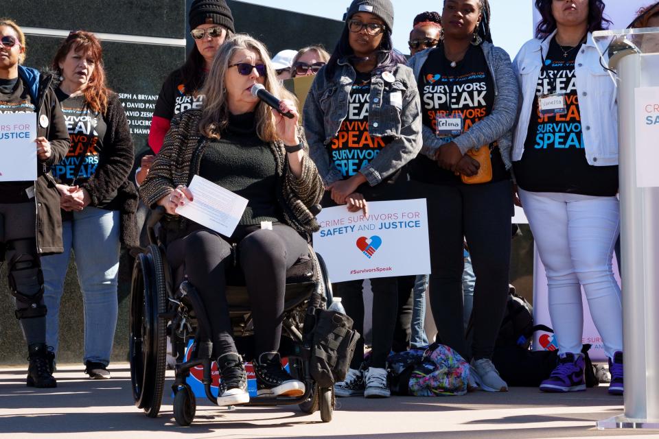 District 5 Rep. Jennifer Longdon speaks in support of Survivors Speak Arizona, hosted by Crime Survivors for Safety and Justice, at Wesley Bolin Plaza in Phoenix on Feb. 27, 2023.