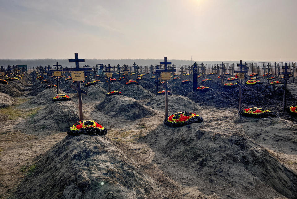 Graves of Russian Wagner mercenary group fighters are seen in a cemetery near the village of Bakinskaya, in Krasnodar region, Russia, Jan. 22, 2023. / Credit: STRINGER / REUTERS