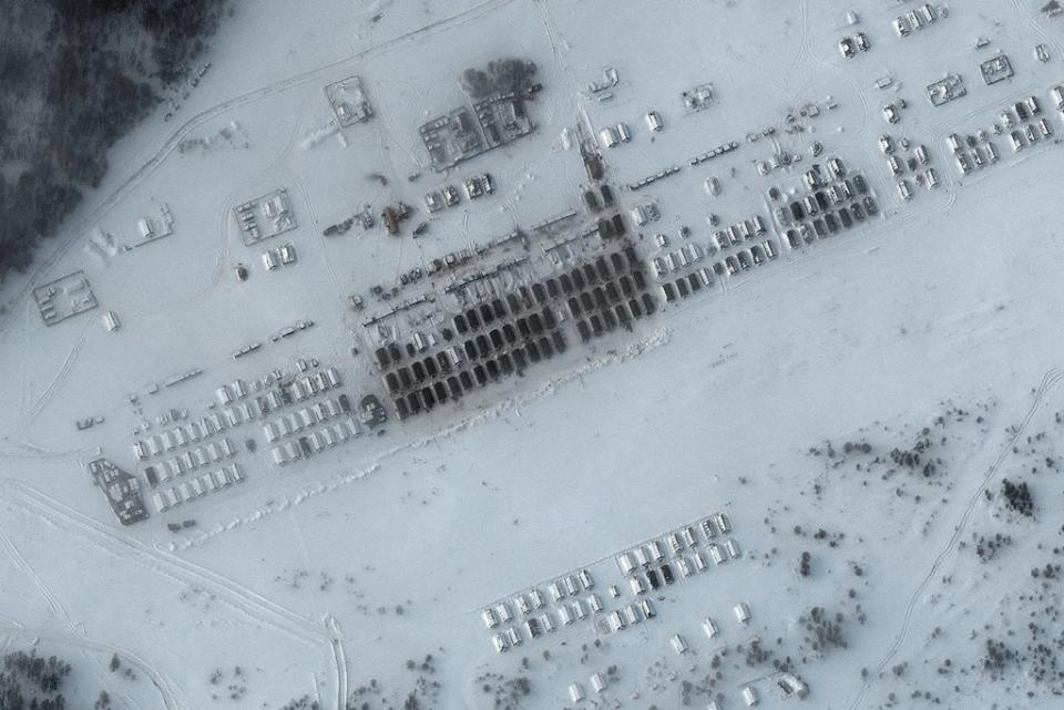 A satellite image shows tents and housing for Russian troops in the town of Yelnya (via REUTERS)