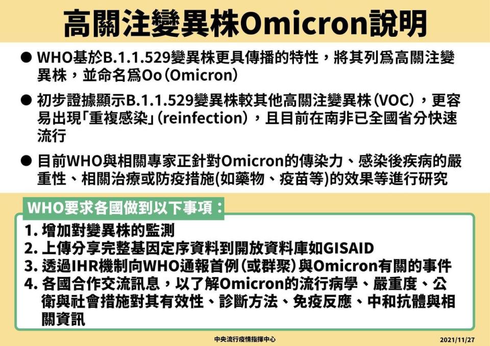 指揮中心說明，最新變種病毒Omicron容易出現重複感染，目前疫情已在南非全國快速流行。（指揮中心提供）