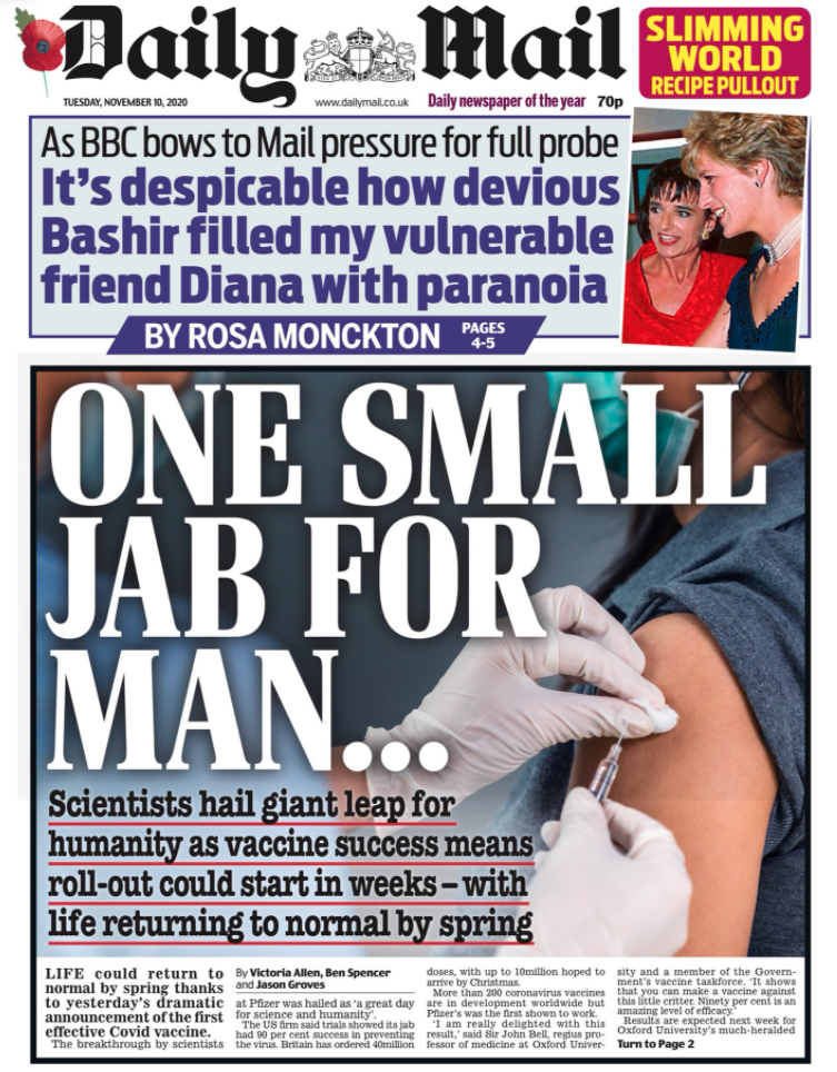 The Daily Mail splashed with 'One small jab for man...'