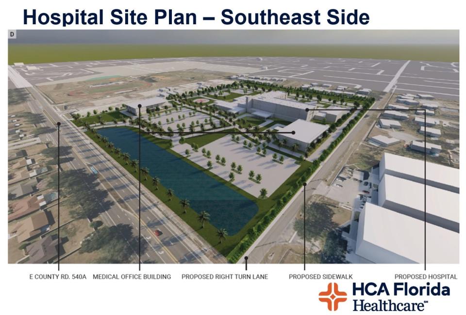 A rendering of the proposed hospital site, viewed from the southeast.