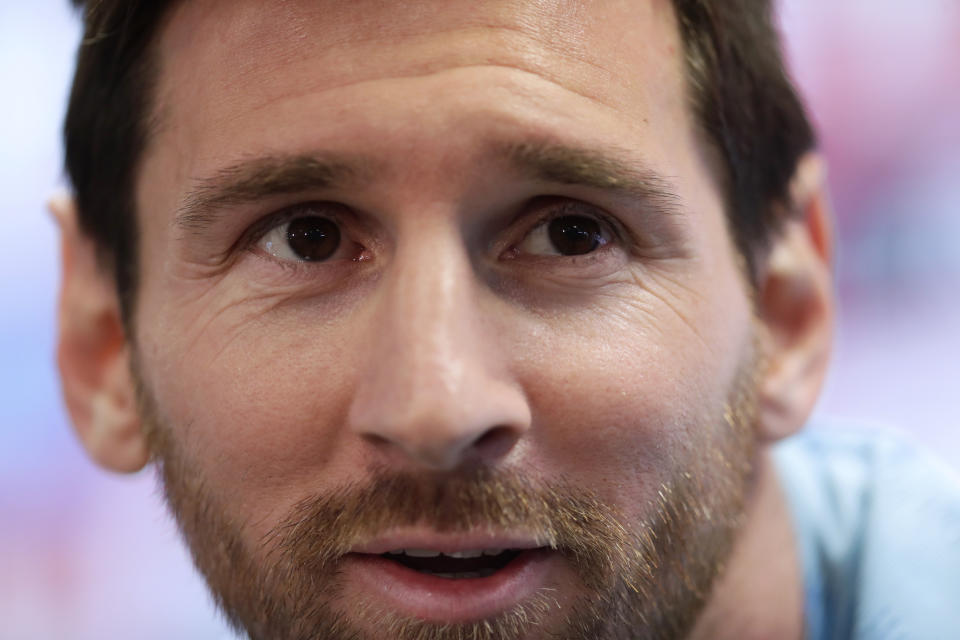 FC Barcelona's Lionel Messi attends a press conference at the Sports Center FC Barcelona Joan Gamper in Sant Joan Despi, Spain, Friday, May 24, 2019. FC Barcelona will play against Valencia in the Spanish Copa del Rey soccer match final on Saturday. (AP Photo/Manu Fernandez)