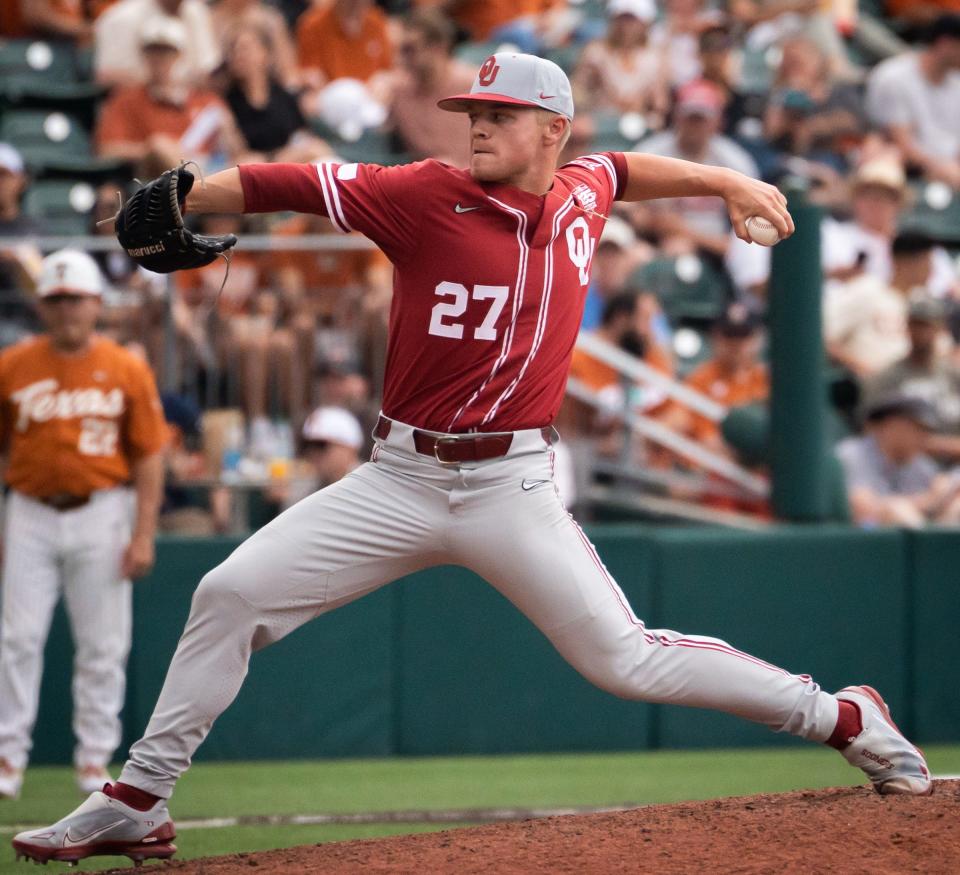 OU pitcher Braden Carmichael (27) pitches in the fourth inning of a 9-6 win at Texas on Saturday in the first game of a doubleheader.