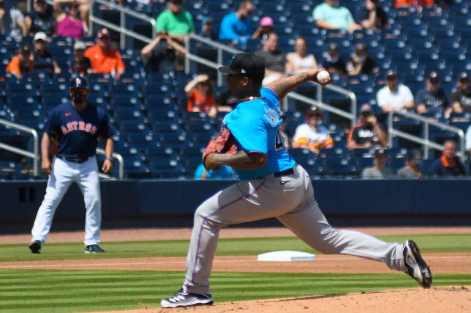 Miami Marlins pitcher Sixto Sanchez throws a pitch in the first inning of a spring training game against the Houston Astros on Monday, March 15, 2021, at the Ballpark of the Palm Beaches in West Palm Beach, Florida.