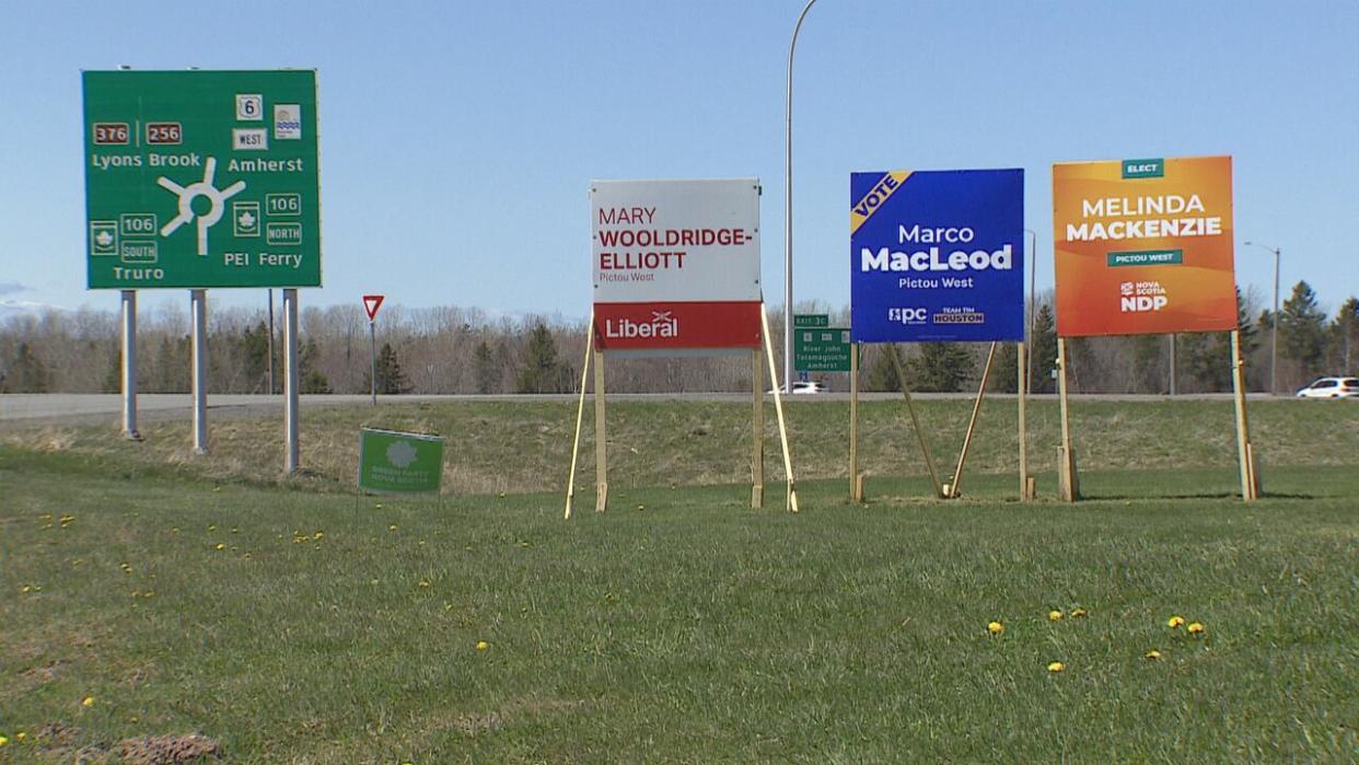 Byelection candidates in Pictou West choose their words carefully when it comes to some controversies in the community.  (Galen McRae /CBC - image credit)