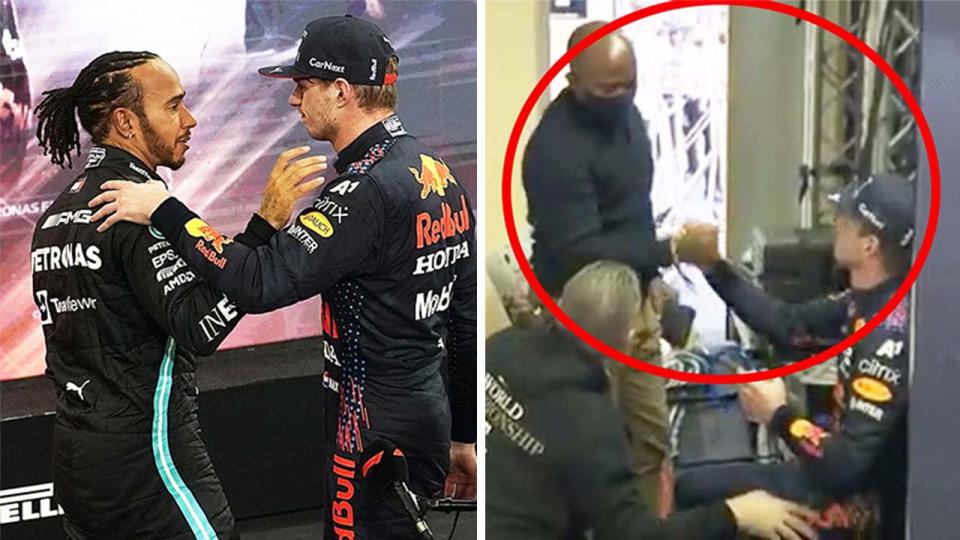 Lewis Hamilton (pictured left) congratulating Max Verstappen and (pictured right) Anthony Hamilton shaking Verstappen's hand.