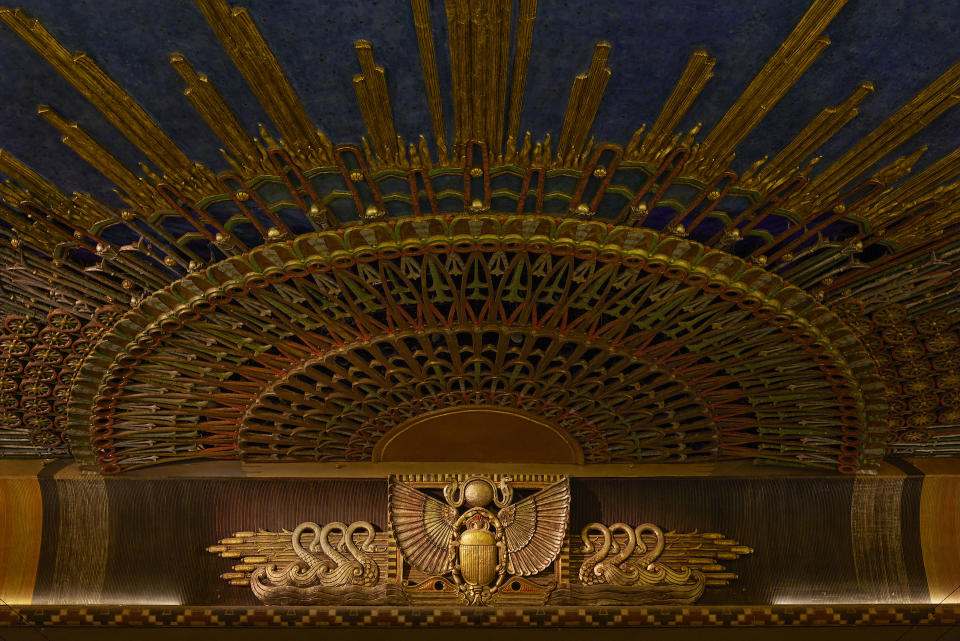 An up-close image of the restoration work on the iconic sunburst on the ceiling of the Egyptian Theatre. Temple of Film: 100 Years of the Egyptian Theatre. Cr. Yoshihiro Makino/Netflix © 2023