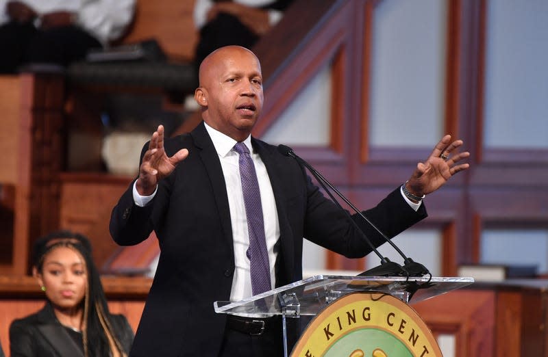 ATLANTA, GEORGIA - JANUARY 16: Bryan Stevenson, Esq., Founder and Executive Director, Equal Justice Initiative, speaks onstage during the 2023 Martin Luther King, Jr. Beloved Community Commemorative Service at Ebenezer Baptist Church on January 16, 2023 in Atlanta, Georgia. The annual service is held in honor of the life of civil rights icon Dr. Martin Luther King, Jr. who would have turn 94 on January 15th.