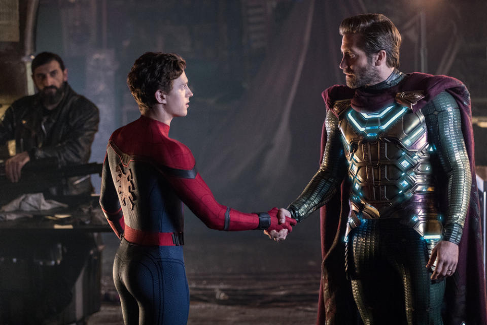 (l to r) Numan Acar, Tom Holland and Jacky Gyllenhaal in Sony/Columbia Pictures' "Spider-Man: Far From Home."