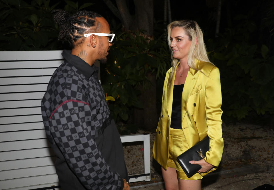 MIAMI BEACH, FLORIDA - MAY 06: Lewis Hamilton and Lindsey Vonn attend as Tommy Hilfiger and GQ celebrate Miami Grand Prix with Lewis Hamilton on May 06, 2023 in Miami Beach, Florida. (Photo by Aaron Davidson/Getty Images for GQ)