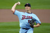 Minnesota Twins pitcher Homer Bailey throws against the Detroit Tigers in the first inning of a baseball game Tuesday, Sept. 22, 2020, in Minneapolis. (AP Photo/Jim Mone)