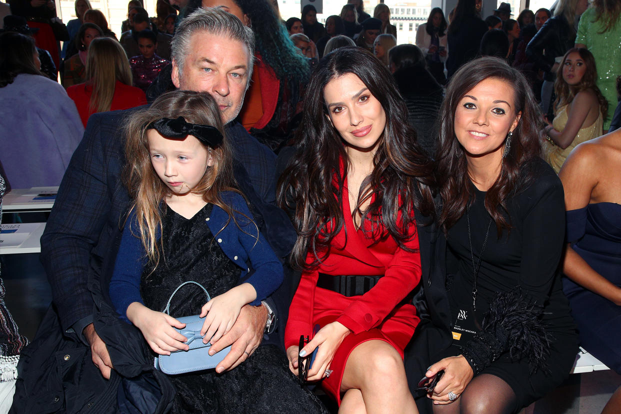 NEW YORK, NEW YORK - FEBRUARY 08: Alec Baldwin, Carmen Baldwin, Hilaria Baldwin and Christine Currence attends the Badgley Mischka front row during New York Fashion Week: The Shows at Gallery I at Spring Studios on February 08, 2020 in New York City. (Photo by Astrid Stawiarz/Getty Images for Badgley Mischka)