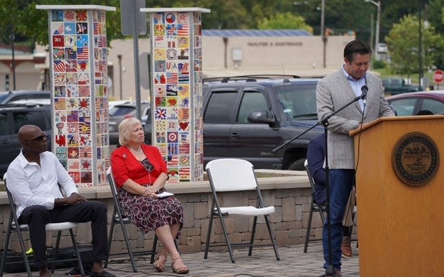 County Mayor Wes Golden talking at the Pillars of Hope unveiling at Veterans Plaza.