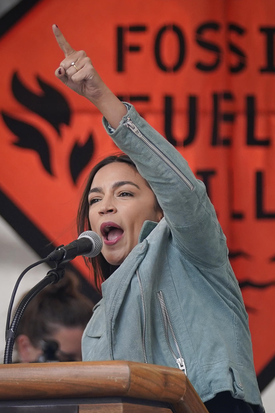 U.S. Rep. Alexandria Ocasio-Cortez (D-N.Y) speaks at a rally to end the use of fossil fuels, in New York, Sunday, Sept. 17, 2023. (AP Photo / Bryan Woolston)