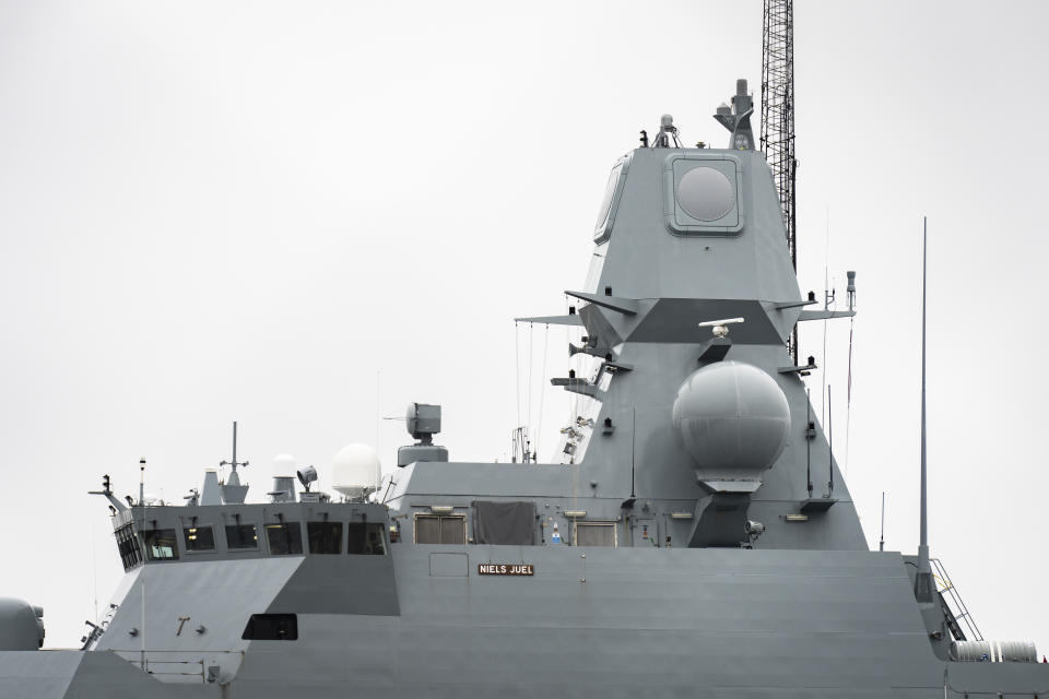 The Danish naval frigate Niels Juel is docked in Korsoer, Denmark, on Thursday, April 4, 2024. A technical error on a navy missile Thursday spurred Danish authorities to issue a warning, saying there was a risk the missile could launch unintentionally — but not explode — resulting in fragments falling in Denmark waters. (Emil Nicolai Helms/Ritzau Scanpix via AP)