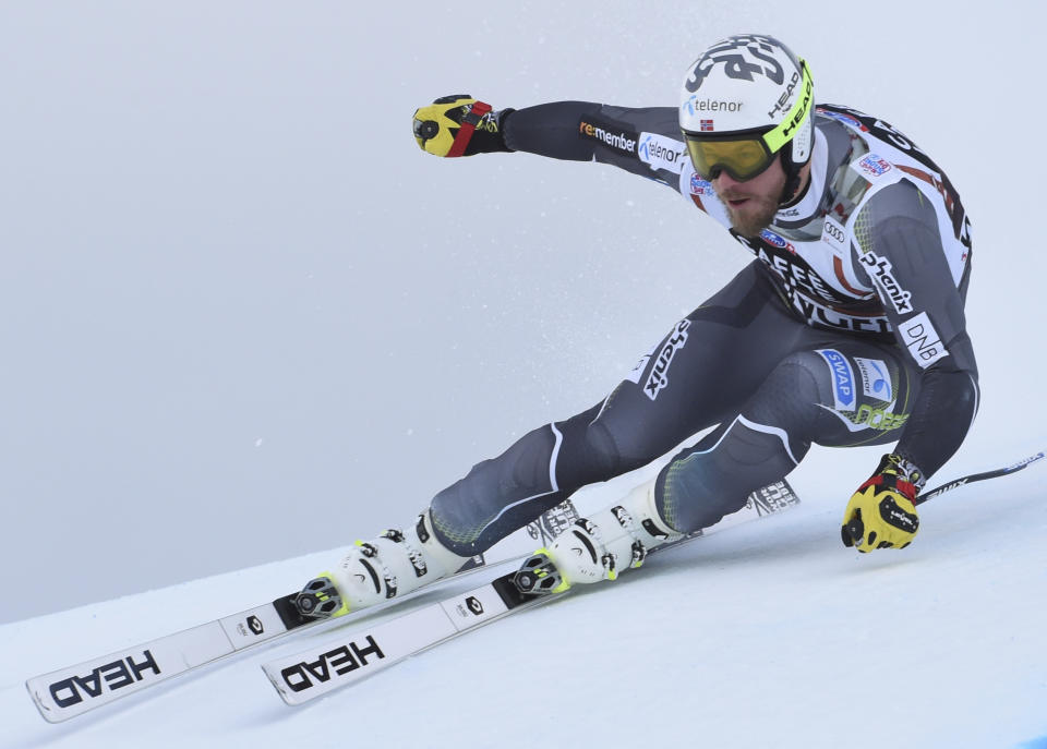 Norway's Kjetil Jansrud speeds down the course during a training session for a ski World Cup men's downhill, in Wengen, Switzerland, Thursday, Jan. 17, 2019. (AP Photo/Marco Tacca)