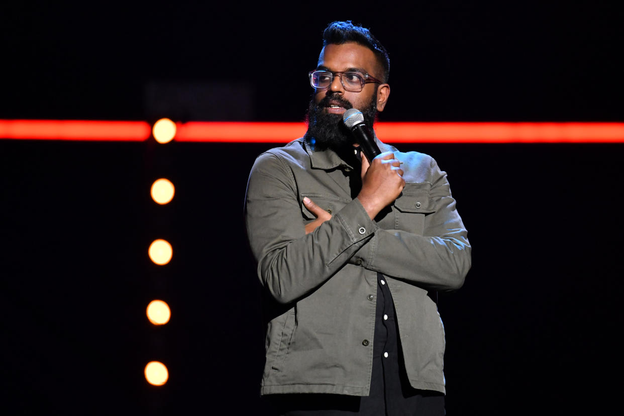 Romesh Ranganathan performs during the Teenage Cancer Trust comedy night, at the Royal Albert Hall, London. (Photo by Matt Crossick/PA Images via Getty Images)