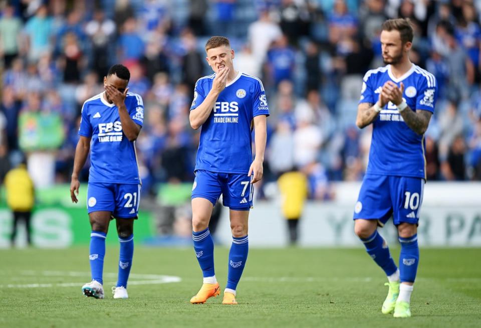 Leicester players look dejected after their relegation from the Premier League (Getty)