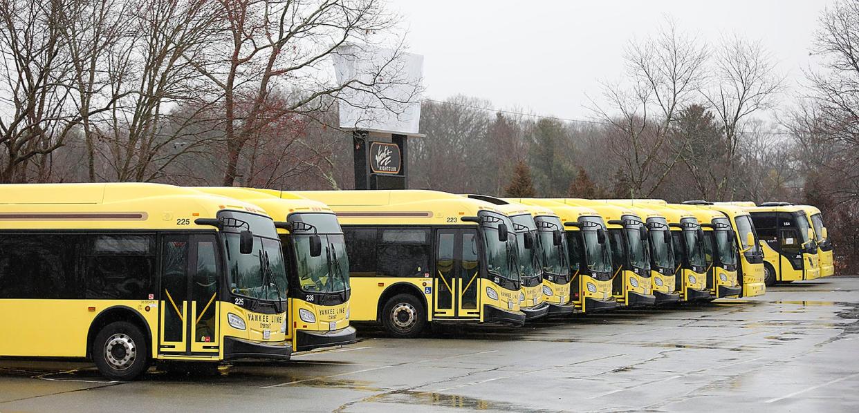 Yankee Line buses are parked in the lots at the former Lombardo's function hall in Randolph on Thursday, March 28, 2024.