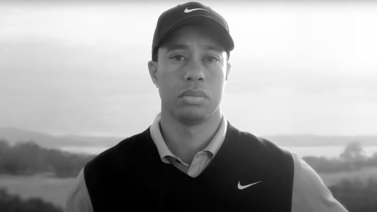  TIger Woods black and white headshot. 