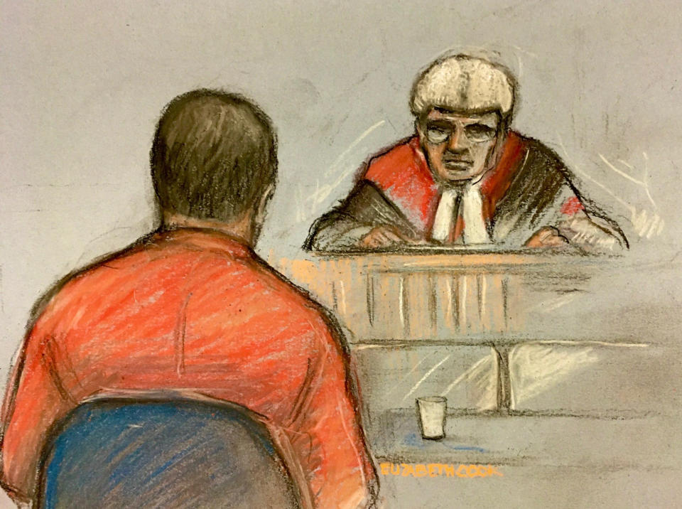 Paul Farrell, facing a judge, depicted at a previous hearing at Wood Green Crown Court. (PA/Elizabeth Cook)