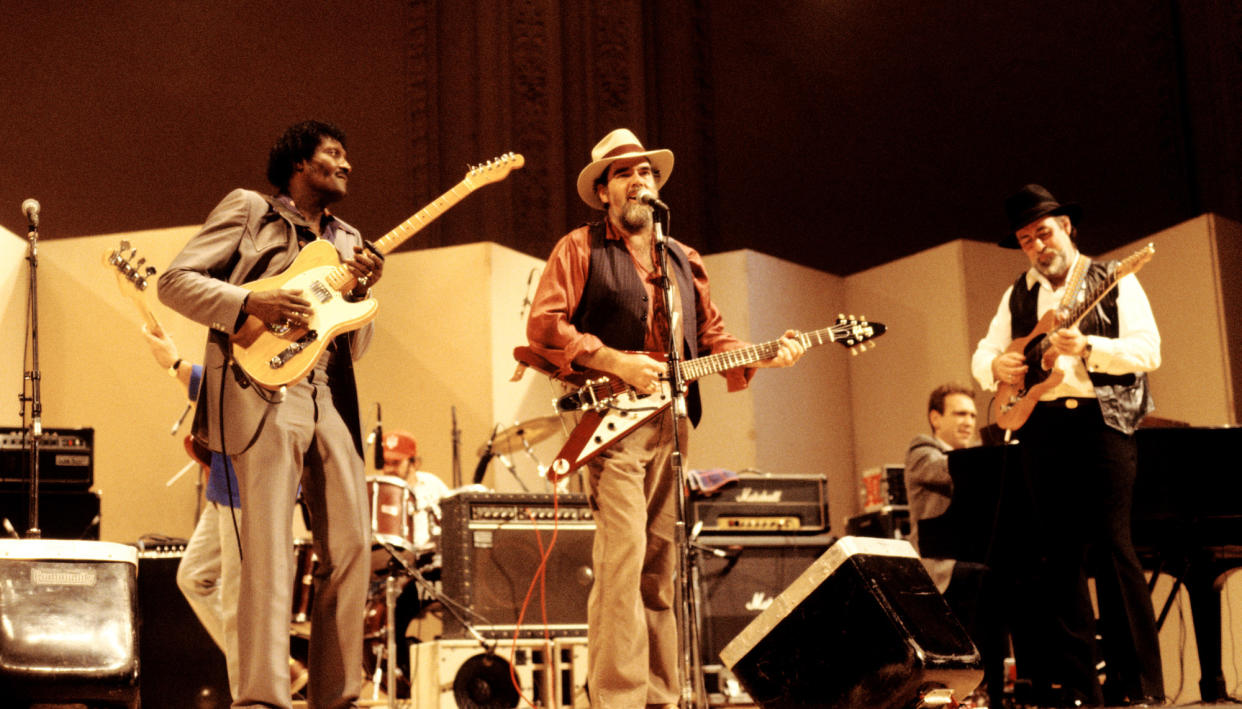  (from left) Albert Collins, Lonnie Mack and Roy Buchanan perform onstage at Carnegie Hall in New York City on December 6, 1985 